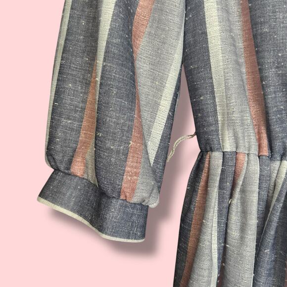 Vintage 70s Size Medium Pink Gray Stripe Day Dress Retro Rockabilly Fit & Flare - Picture 6 of 11